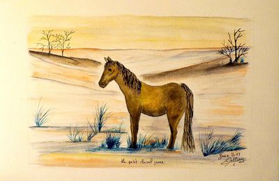 Le petit cheval jaune, aquarelle et encre acrylique, sur papier aquarelle 30cmx40cm