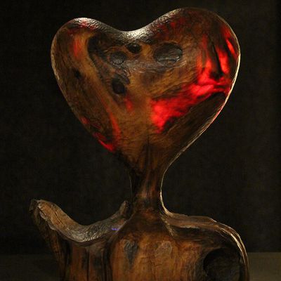 Cœur à Cœur, à l'écoute du cœur qui bat et qui nous tiens debout : conifère, quartz, installation lumineuse, hauteur : 30 cm