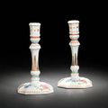 A pair of rare famille rose candlesticks, Qianlong