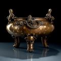 A large and heavy gold-splashed bronze censer with dragon handles,  Xuande six-character mark, 18th century