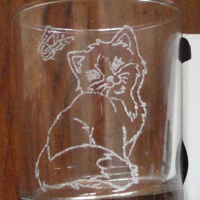 verre et assiette gravés chat avec papillon