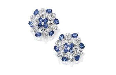 Pair of 18 karat white gold, sapphire, white topaz and diamond earclips, Aletto Brothers