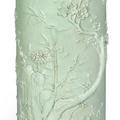 A carved pale celadon-glazed brush pot, bitong, Daoguang period (1821-1850)