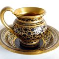 Tasse et sous tasse en verre opalin bleu à décor oeil de perdrix et filets or. XIXe. 