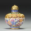 An Imperial Beijing enamelled gold 'Mille-fleurs' snuff bottle, Palace Workshops, Blue-Enamel Mark and Period of Qianlong