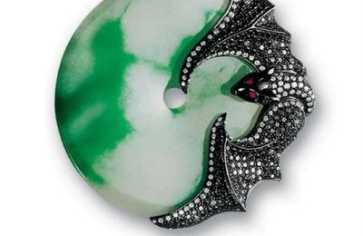 Jadeite, black diamond and diamond 'bat' brooch