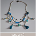 Collier turquoise "collection BRAZIL", 3 rangs, perles fimos, pompons, et breloques.