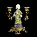 A French mid-19th century Louis XV style Chinese porcelain and gilt bronze twin-light candelabra au chinois 