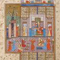 Iran, école de Shiraz, 16e siècle.Illustration du Khamseh de Nizami, Scène de harem & La bataille des clans