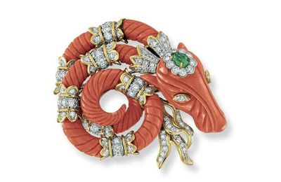 A coral, diamond and emerald brooch, by David Webb