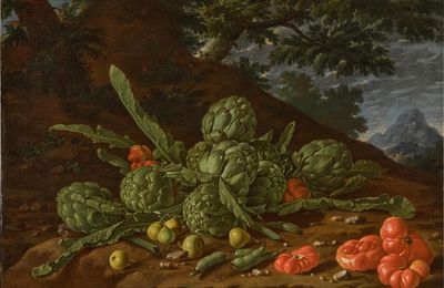 Luis Meléndez (Naples 1716 - 1780 Madrid), Still Life of Artichokes and Tomatoes in a Landscape