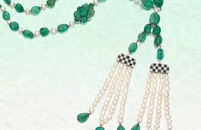 Cultured pearl, onyx, emerald and diamond sautoir, Janesich