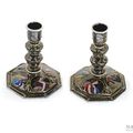 A pair of French enamelled copper candle sticks, Limoges, 18th-19th century