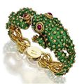 18 karat gold, green enamel, ruby and diamond frog bangle-bracelet, David Webb