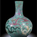 A large 'famille-rose' 'Nine dragon' vase, tianqiuping, seal mark and period of Qianlong, the enamels possibly later