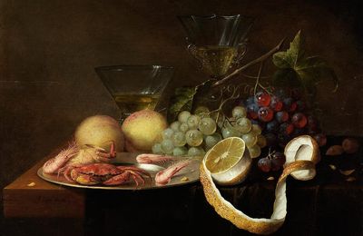 Joris van Son, 1623 - 1667, Pewter dish with crabs and prawns and grapes, partially peeled lemon, peaches and two wine glasses