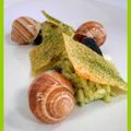 Escargots, risotto thé vert, tuiles de parmesan