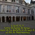 3 Avril 15 ?? Lettre du baron de Jarnac, gouverneur de La Rochelle et du pays d'Aunis au duc de Montmorency.