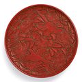 A superbly carved cinnabar lacquer 'magpie' tray signed Yang Mao, Yuan dynasty (1279-1368)