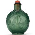A carved green glass snuff bottle, 1750-1820. Imperial, attributed to the Palace workshops
