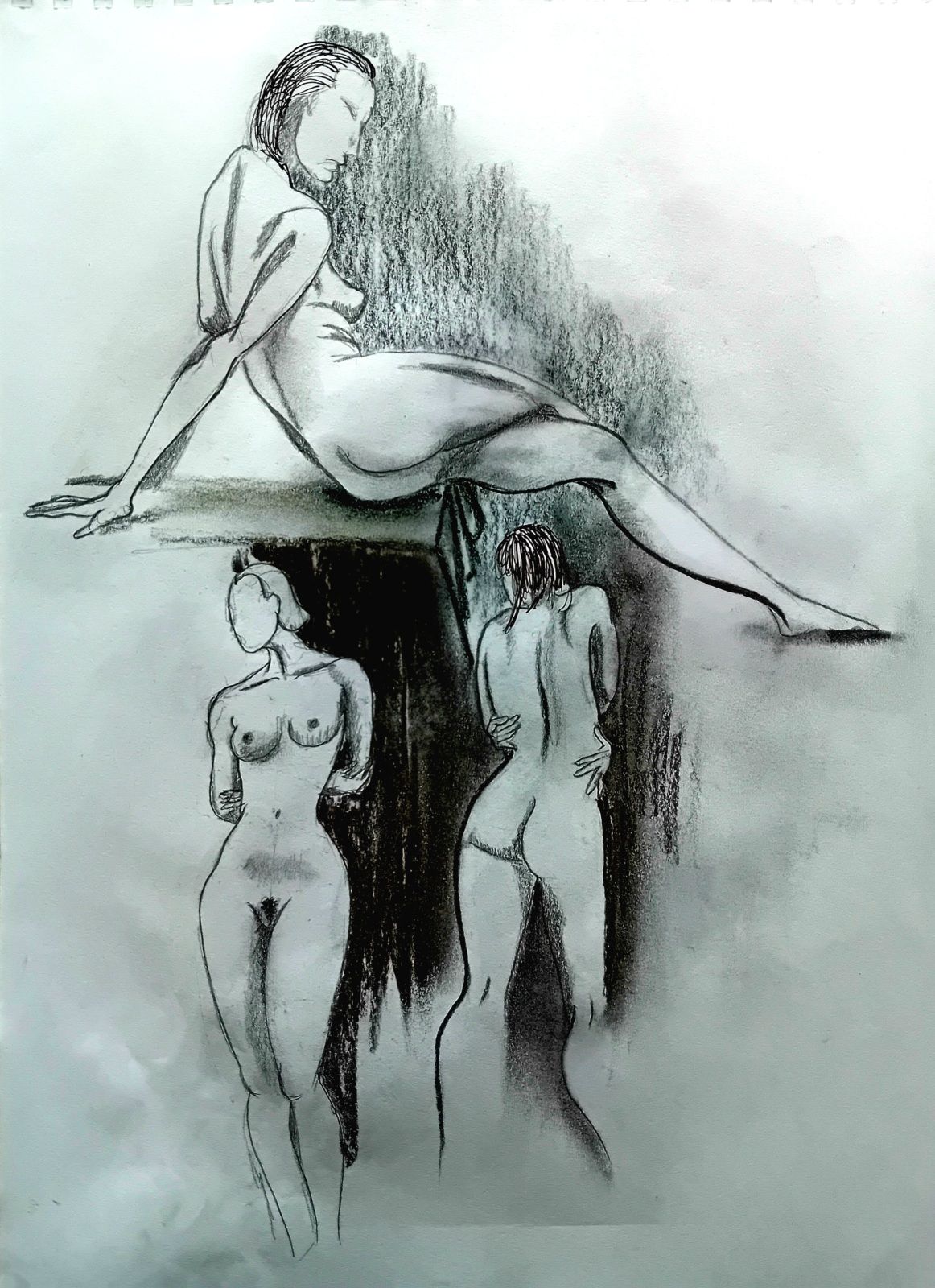 Dessin. Modèle vivant. Nu féminin. Crayon, fusain 