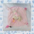 Doudou Peluche Plat Carré Chien Rose et Blanc Rayures Dodo D'Amour Fleur Grelot MGM 