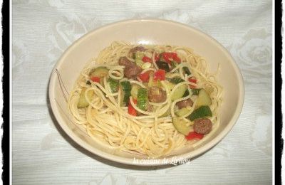 Spaghettis aux légumes grillés et merguez