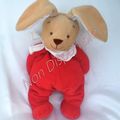 Doudou Peluche Lapin Beige Rouge Bandana Ecru Amtoys