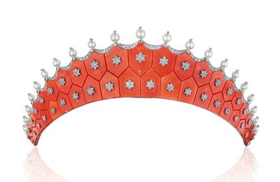 An exquisite coral, diamond and pearl tiara, by Cartier