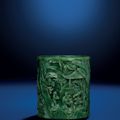 A small finely carved spinach jade cylindrical brush pot, bitong, Qing dynasty, 18th century