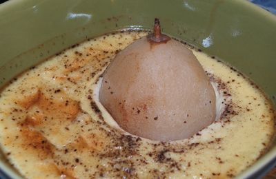 Veillées contées au Gouezou, oeufs au lait et poires pochées au citron, à la girofle et au miel