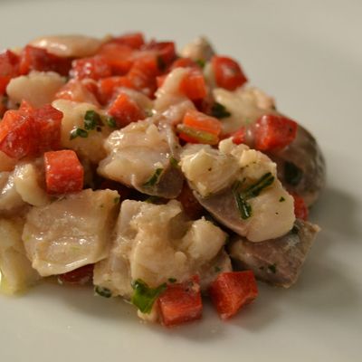 Tartare de maquereau, sorbet tomate framboise poivron