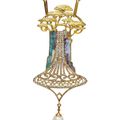 An Art Nouveau opal, diamond and enamel 'Cedars' pendent necklace, by Georges Fouquet