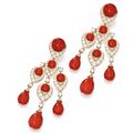 Pair of 18 Karat Gold, Coral and Diamond Pendant-Earclips, Bulgari
