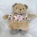 Doudou Peluche Ours Beige Blanc Pots de Confiture Fraise Vichy Tartine Et Chocolat