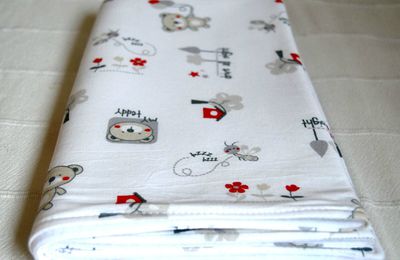 Petite couverture / petit plaid en coton blanc à motifs oursons gris et rouges et polaire blanc.