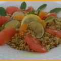 salade de céréale et agrumes / tomate chantilly à l'huile d'olive / marinade de poulet