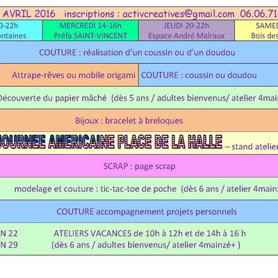 PLANNING ATELIERS AVRIL