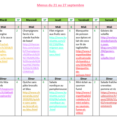 Menus du 21 au 27 septembre