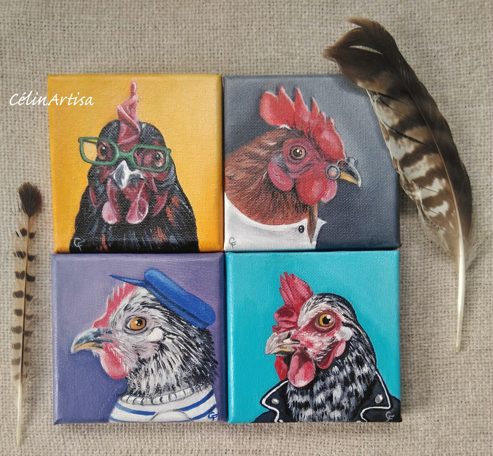 4 mini portraits de poules (acrylique sur toile)