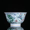 A fine and very rare imperial doucai dragon and phoenix bowl, Underglaze blue Kangxi six-character mark and period