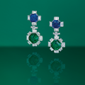 An important pair of 3.98 and 3.75 carats Colombian emerald, 4.41 and 3.79 carats Kashmir sapphire and diamond ear pendants