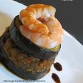 Mille feuille d'aubergines à la cardamome et ses crevettes, sauce balsamique