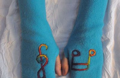 Mitaines en polaire turquoise, motifs en laine cardée multicolore