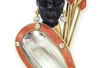 A coral, abalone pearl, diamond and gold blackamoor brooch, by Cartier
