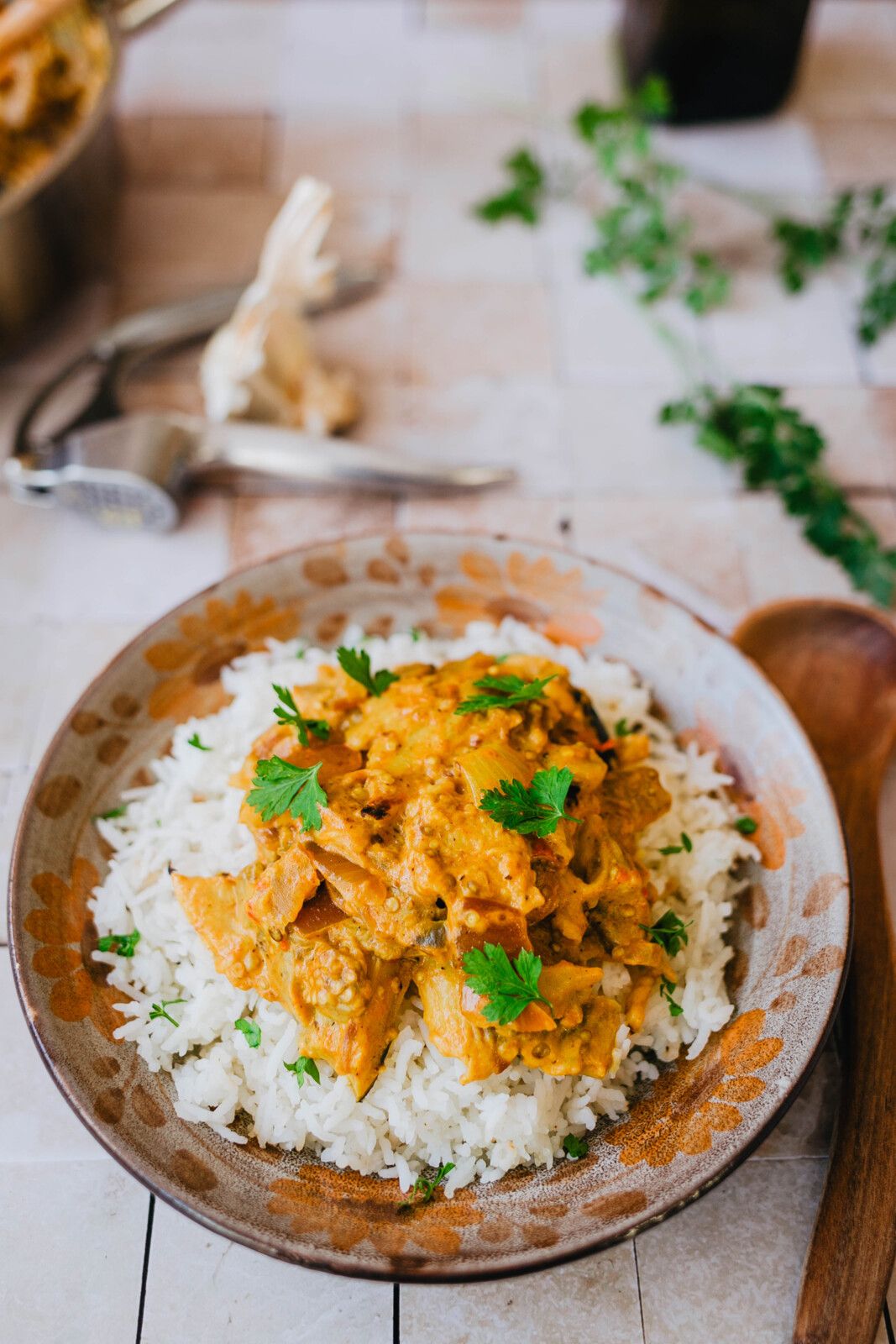 curry d'aubergines, recette facile, recette estivale, à l'indienne, épices, curcuma, curry, coriandre, gingembre