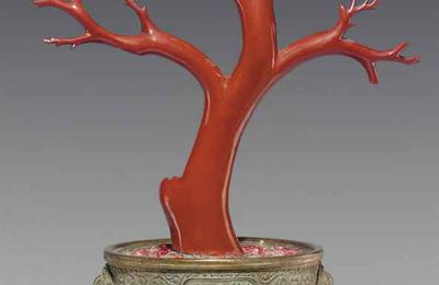 A rare and unusual faux coral lacquered wood 'branch', 18th-early 19th century