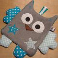 Doudou plat hibou gris bleu blanc