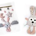 Mobile lapin et doudou lapin gris rose