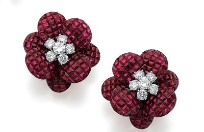 Pair of ruby and diamond ear clips, Van Cleef & Arpels